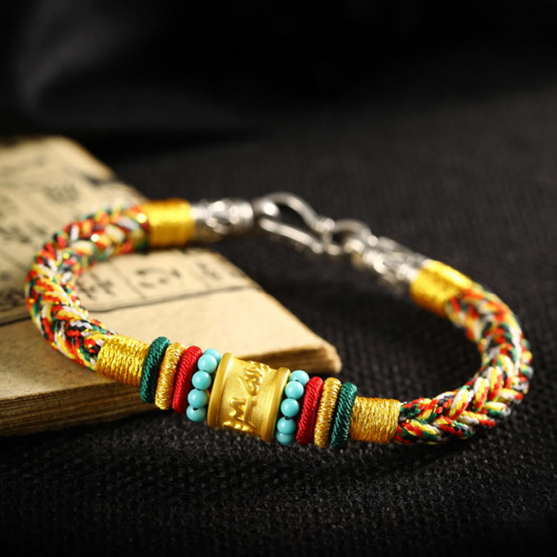 Pulsera de la suerte hecha a mano con ocho hilos y nudo de la paz Om Mani Padme Hum de oro 999 del Tíbet con piedras de Buda