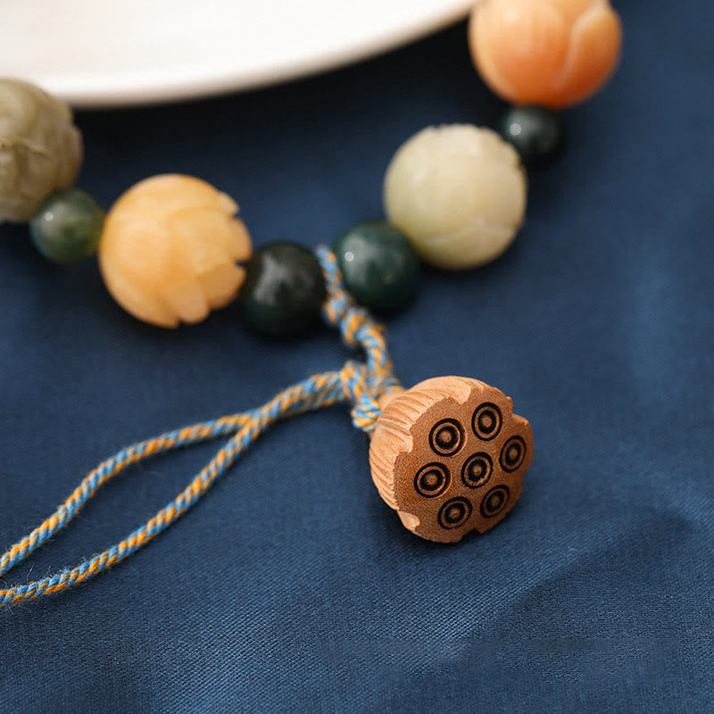 Armband mit Buddha-Steinen, Bodhi-Samen, Lotus-Perle, eingraviert, Moosachat, Frieden, Ruhe