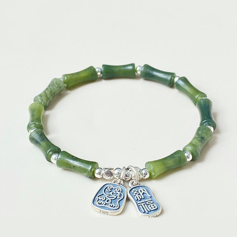 Pulsera de plata de ley 925 con piedras de Buda, jade de bambú y gato de la suerte con el símbolo Fu.