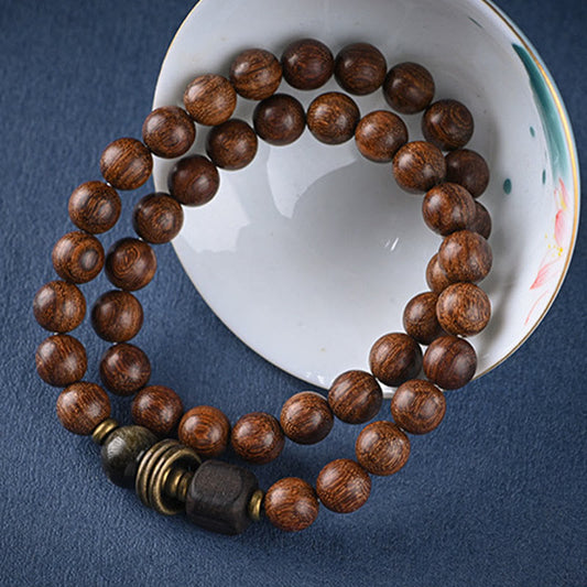 Pulsera curativa de doble vuelta con cuentas de madera de ébano y sándalo de Buda