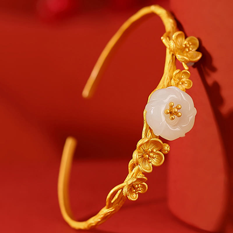Buddha Stones 925 Sterling Silver Plated Gold Hetian Jade Plum Blossom Luck Necklace Pendant Bracelet Bangle Ring