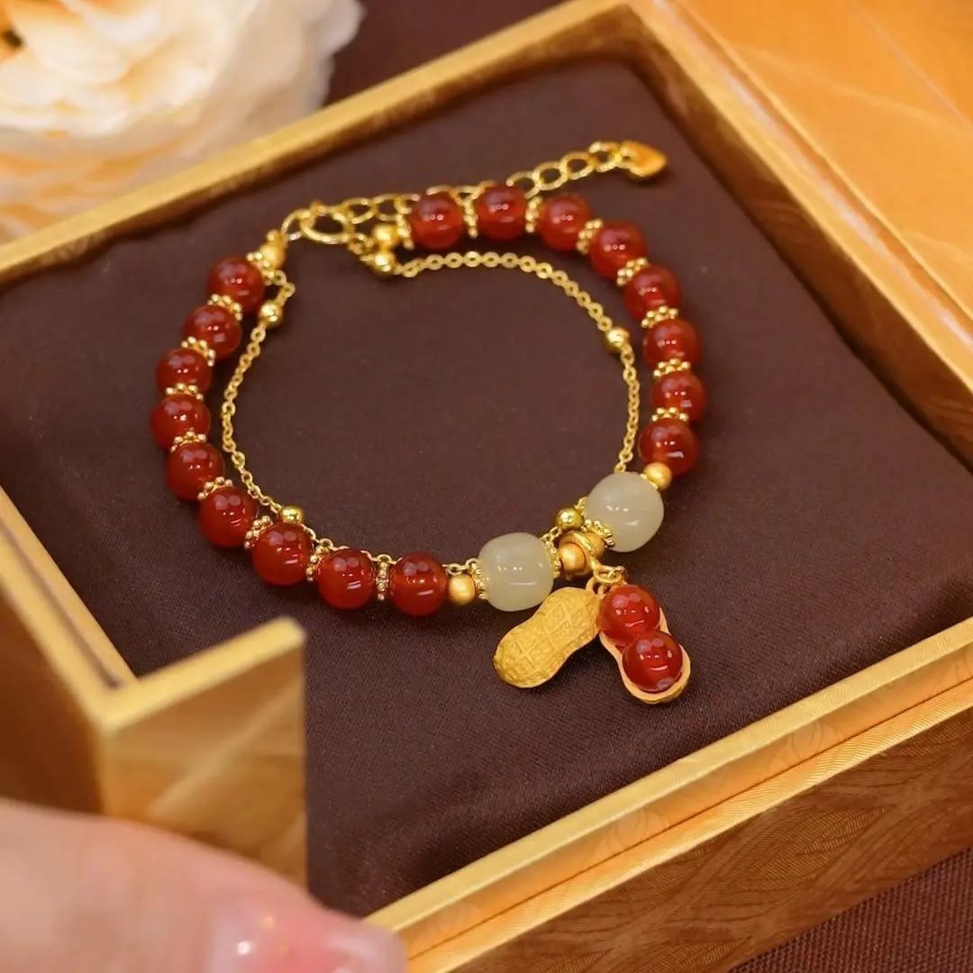 Pulsera de cuentas con piedras de Buda, hojas de jade, ginkgo, tulipán, cacahuete y carácter Fu, con la suerte