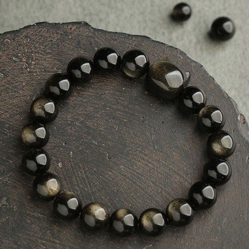 Pulsera de protección con piedras de Buda, obsidiana dorada y obsidiana plateada con brillo, con forma de pata de gato de la suerte.