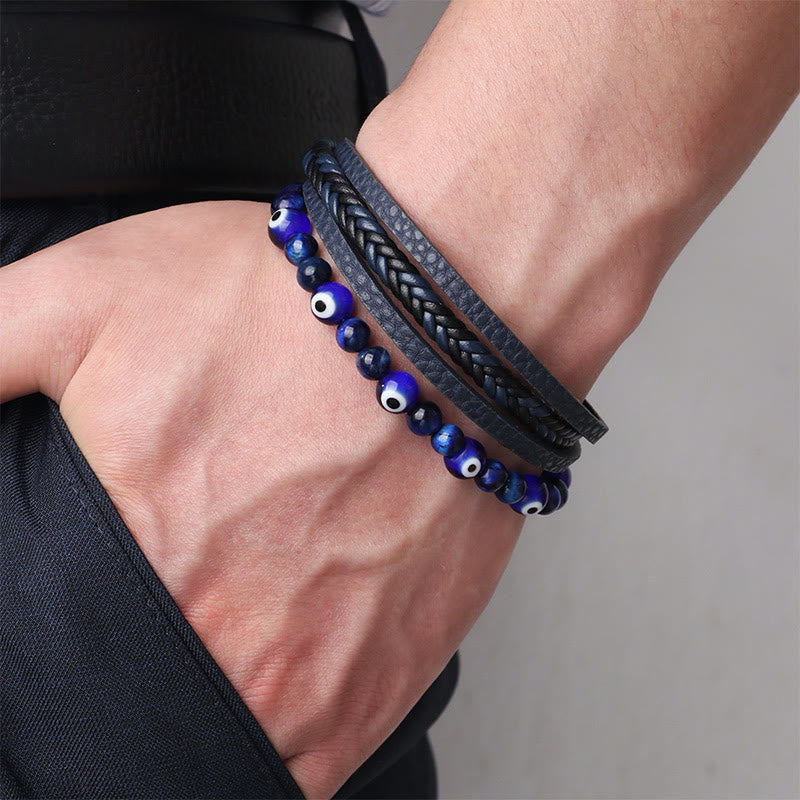 Pulsera trenzada multicapa con cuentas y protección de ojo de tigre y piedras de Buda