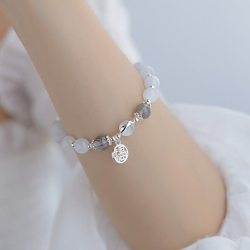 Pulsera con abalorios de bola con carácter Fu de piedra lunar y ojo de gato de Buda