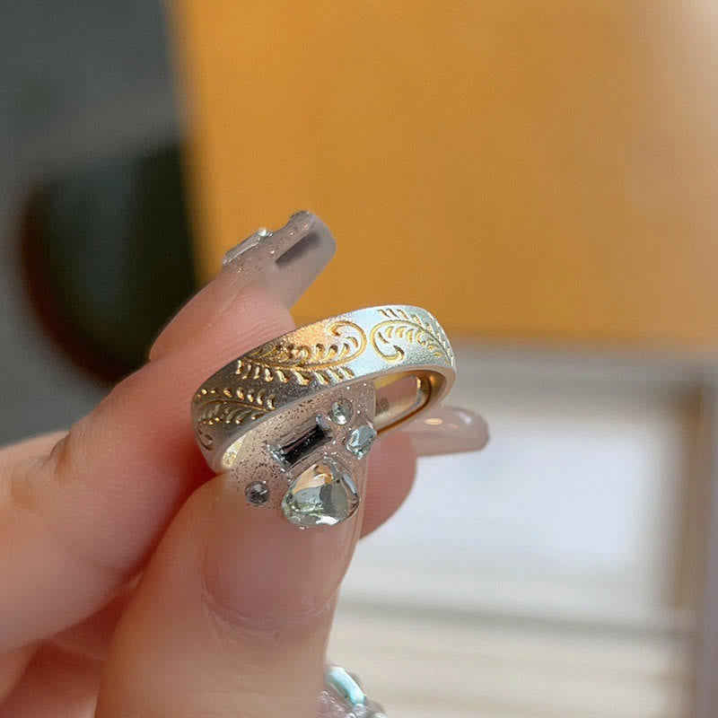 Buddha-Stein 999 Sterling Silber Gold-bemalter fröhlicher Blumenmuster friedlicher Herz-Sutra-Ring