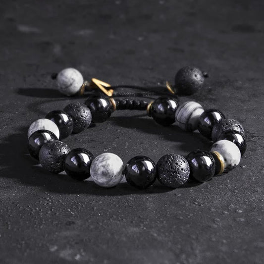 Pulsera de piedra de lava de obsidiana negra con piedras de Buda y fuerza Yin Yang