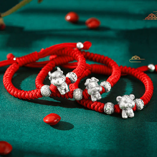 Pulsera para niños hecha a mano con piedras de Buda en plata de ley 999, con el símbolo del zodíaco chino y cuerda roja de la suerte.