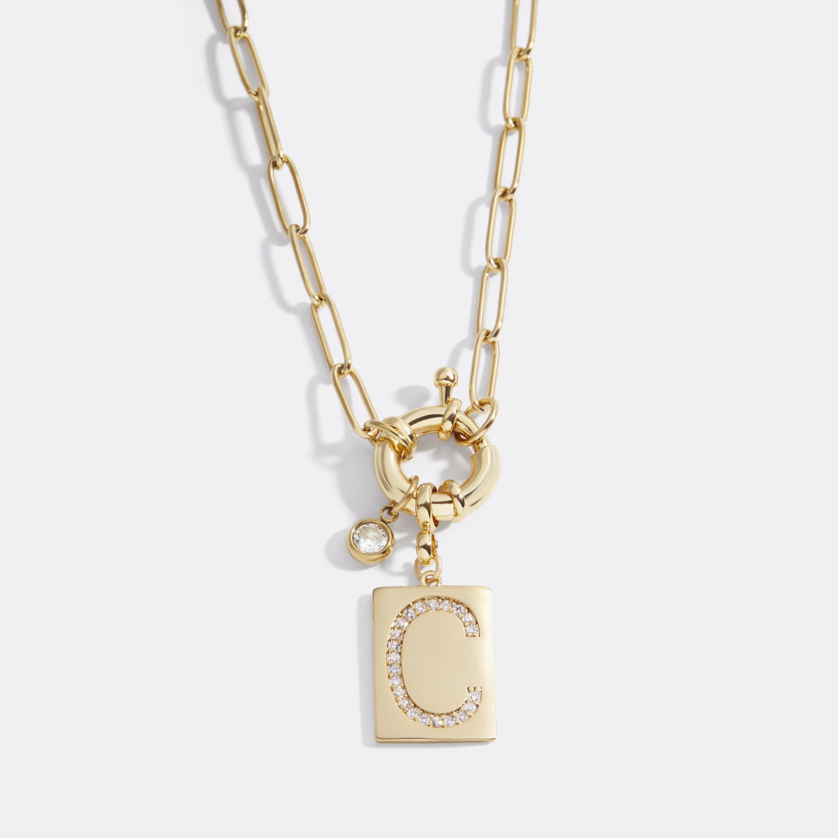 Pave Initial Pendant Necklace with Paperclip Chain
