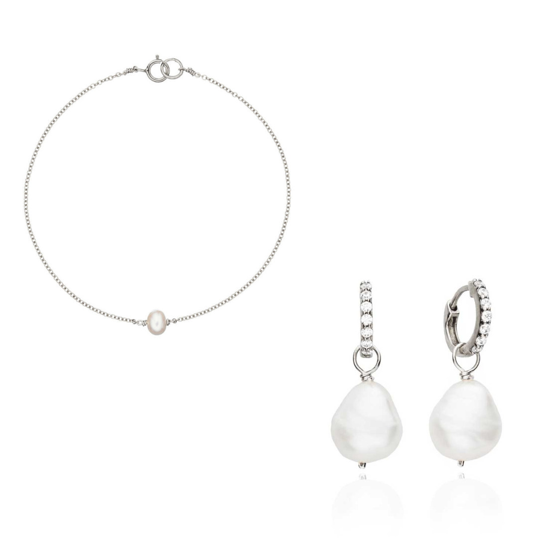 Silver Pearl Drop Huggies and Single Pearl Bracelet Gift Set