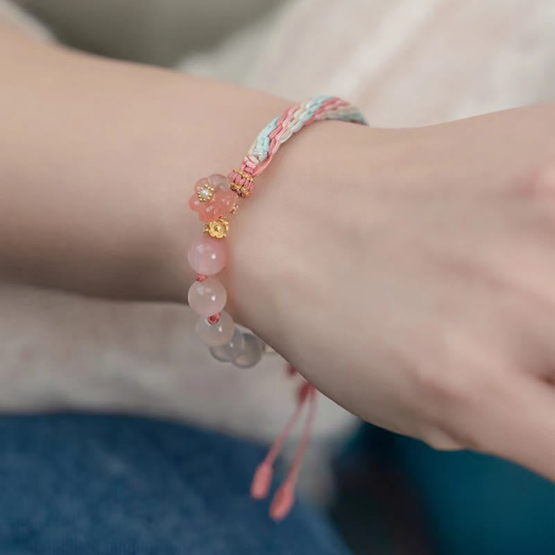 Pulsera de hilo hecha a mano con piedras de Buda, ágata natural degradada, nudo de reencarnación, flor de durazno, riqueza y suerte.
