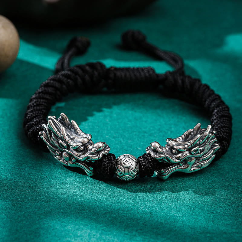 Buddha Stones 999 Sterling Silber Doppeldrache Glück Handgefertigtes geflochtenes Armband