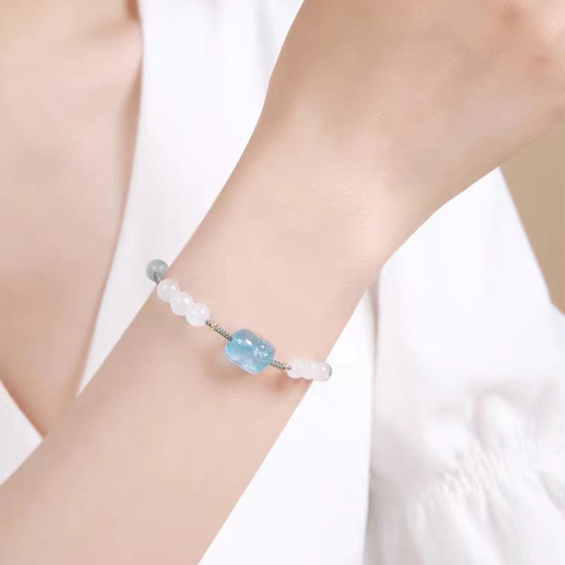 Pulsera curativa de jade blanco PiXiu Hetian con aguamarina natural y piedras de Buda