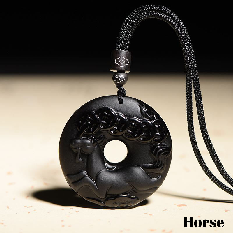 Collar con colgante de obsidiana negra natural con piedras de Buda y hebilla de fuerza del zodiaco chino