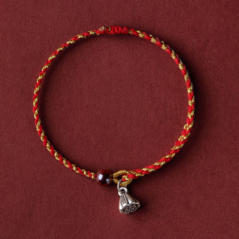 Pulsera trenzada con dije de paz y alegría de loto, hecha a mano con piedras de Buda y cuerda de oro rojo