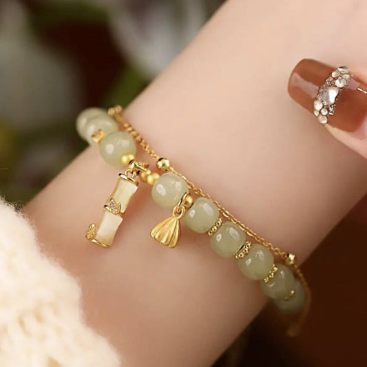 Pulsera con dijes de bambú, loto y prosperidad de jade hetiano natural y piedras de Buda
