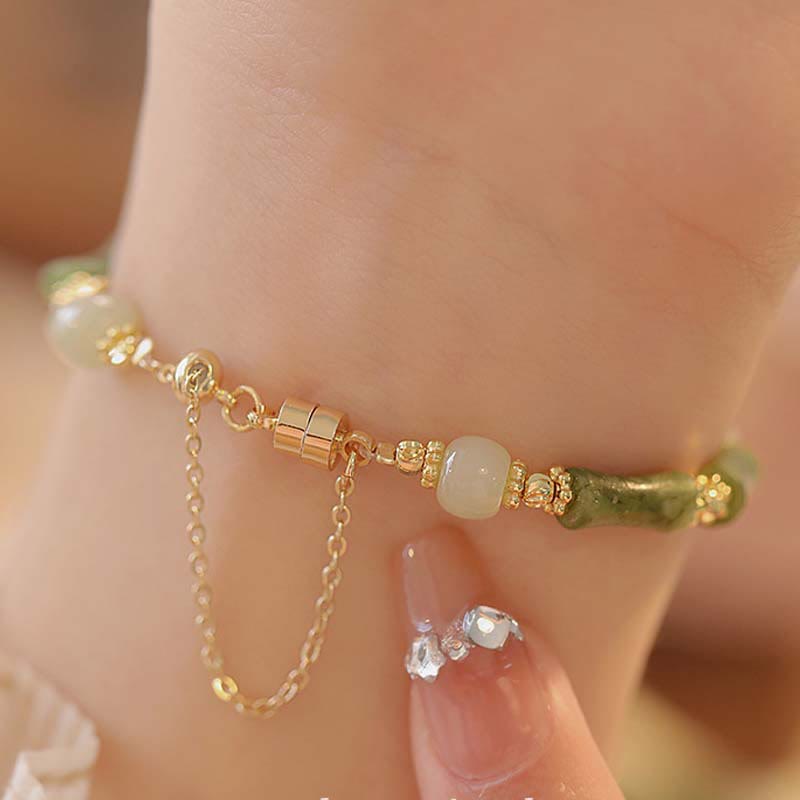 Buddha Stones Jade Bambusblatt Maiglöckchen Muster Glück Fülle Armband