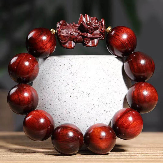 Pulsera de protección PiXiu de sándalo rojo con hojas pequeñas de piedras de Buda