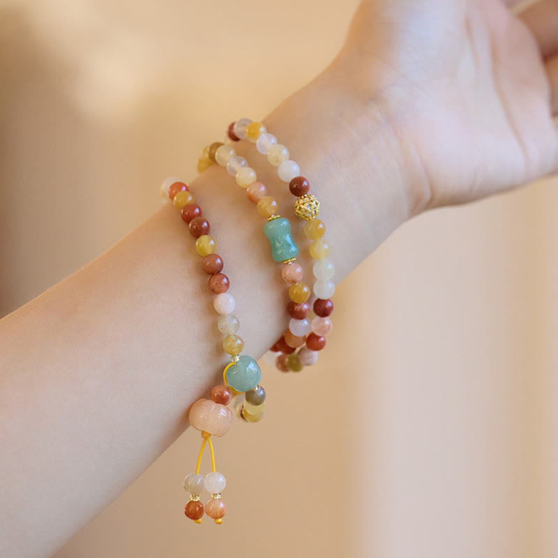 Pulsera triple vuelta con amuleto de calabaza, jade y seda dorada natural de Buda, para la riqueza y la suerte