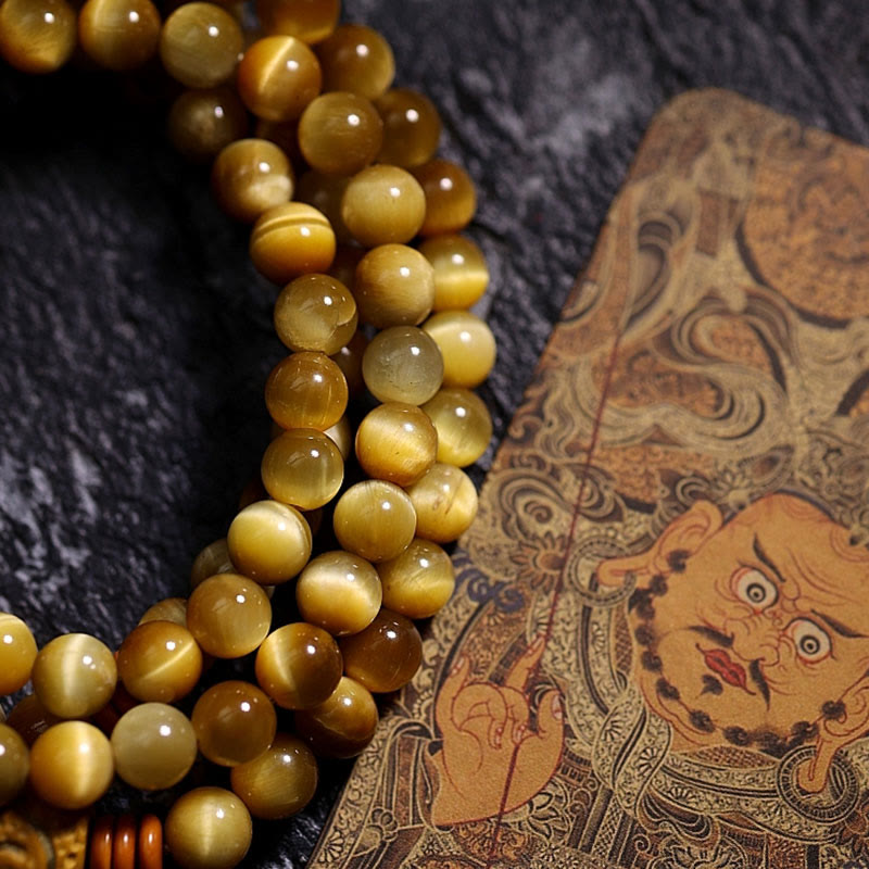 Buddha Stones 108 Mala-Perlen, natürliches Tigerauge, Kupfer, Dorje-Schutz, Quastenarmband