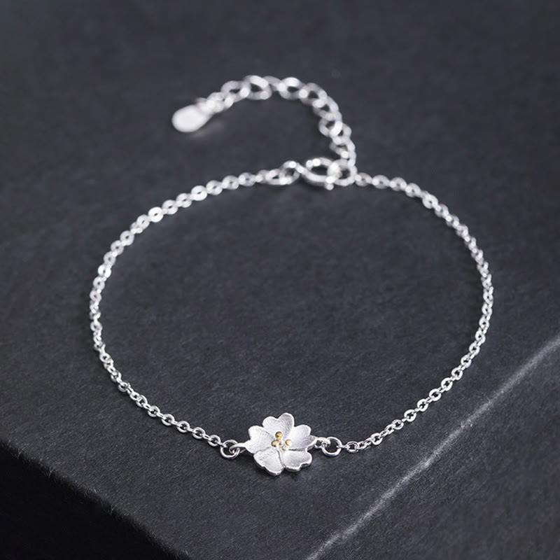 Pulsera de cadena con bendición de flor de cerezo y piedras de Buda en plata de ley 925