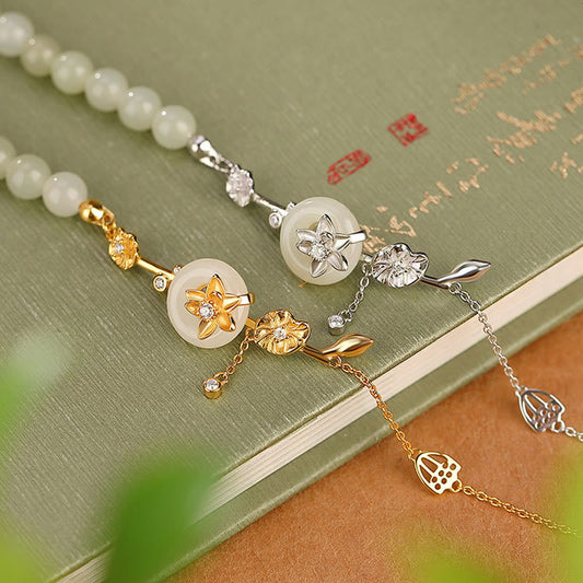 Pulsera de plata de ley 925 con piedras de Buda, jade hetiano, hebilla de la paz, cadena de la suerte de loto