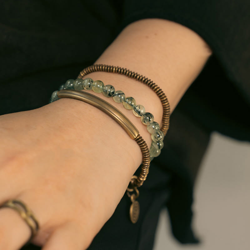 Pulsera de cobre con piedras de Buda, cuarzo hematoide rojo fantasma morado y cuarzo rutilado verde, amor y perdón