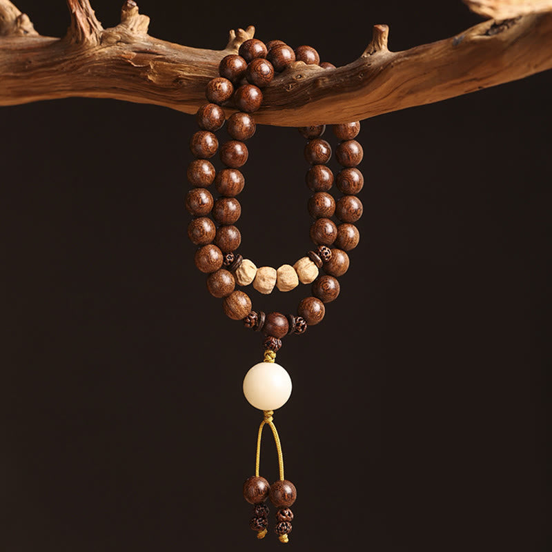 Pulsera de doble vuelta con semillas de Bodhi y sándalo rojo de hoja pequeña con piedras de Buda y sándalo