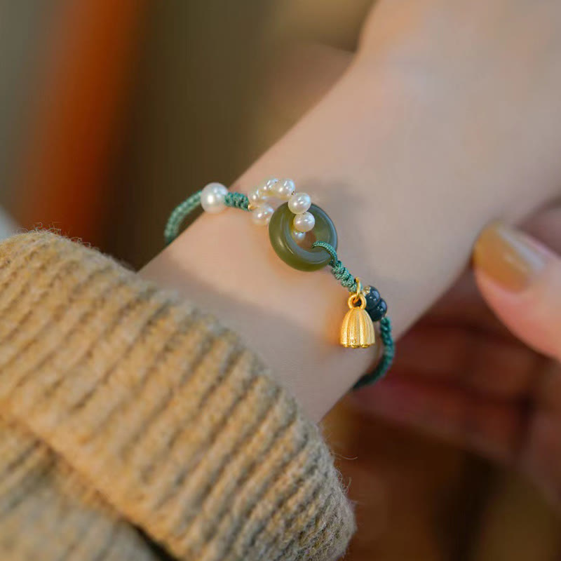 Buddha Stones Natürliche Hetian Jade Peace Buckle Pearl Luck Handgefertigtes geflochtenes Armband