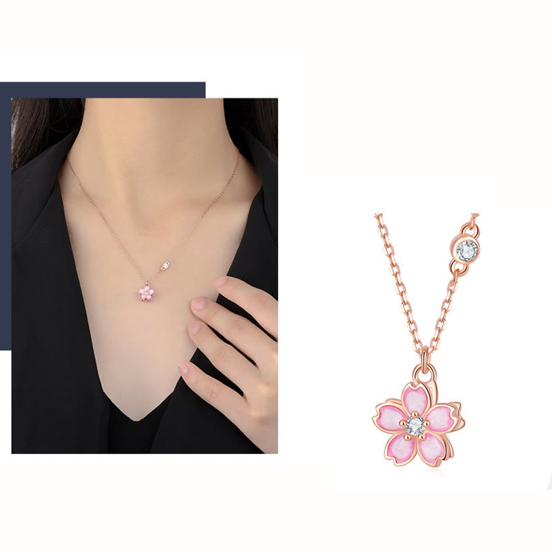 Collar con colgante de flor de cerezo en plata de ley 925 con piedras de Buda y protección giratoria
