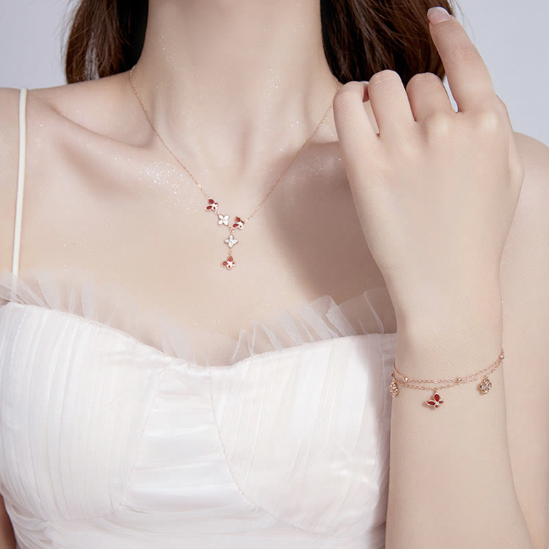 Pulsera, collar y colgante de plata de ley 925 con piedras de Buda, ágata roja, piedra Tridacna, mariposa, trébol de cuatro hojas, calma