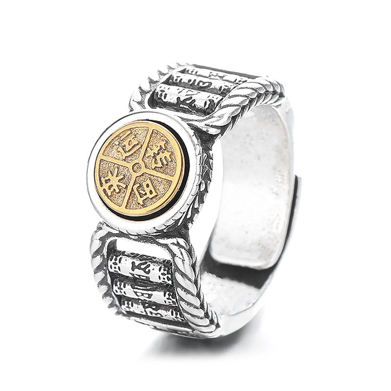 Anillo giratorio de pureza con diseño de moneda de cobre tallada con piedras de Buda tibetanas Om Mani Padme Hum