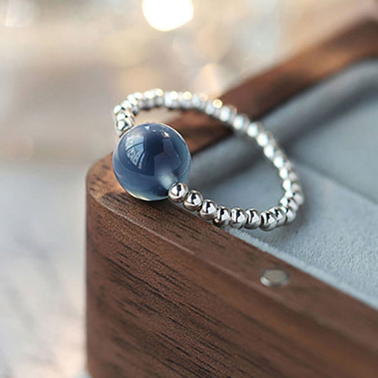 Anillo de cuentas curativas de ágata azul caramelo de plata de ley 925 con piedras de Buda