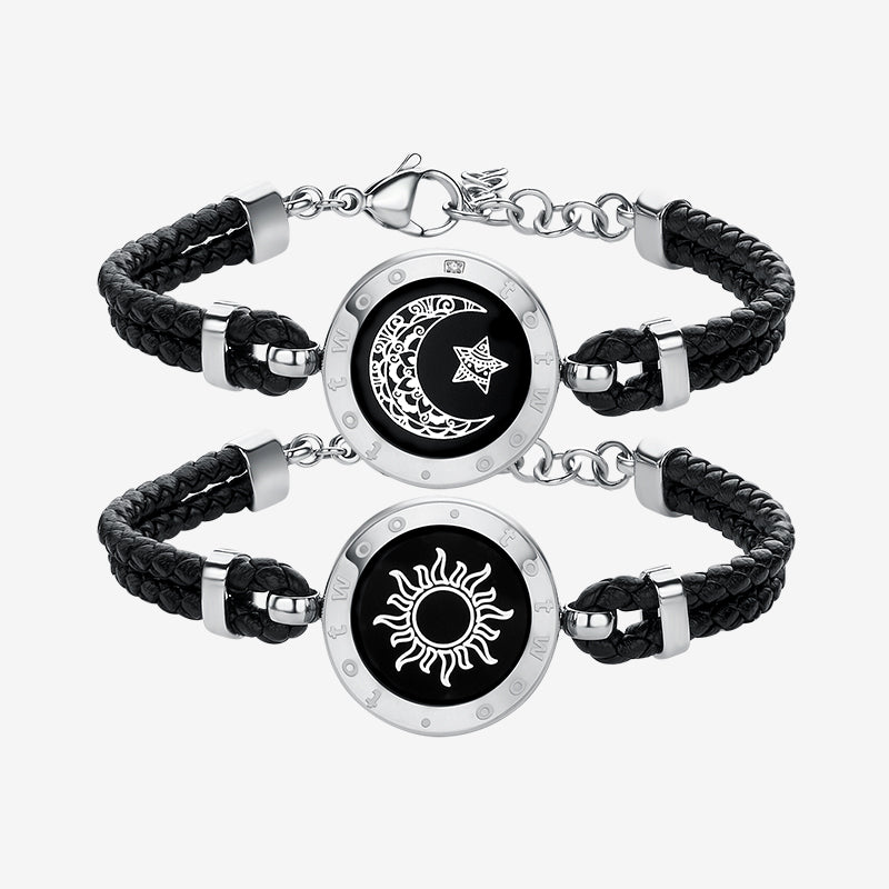 Sun&Moon Touch Bracelets with Braided Leather Rope(Black+Black) - Touch Bling