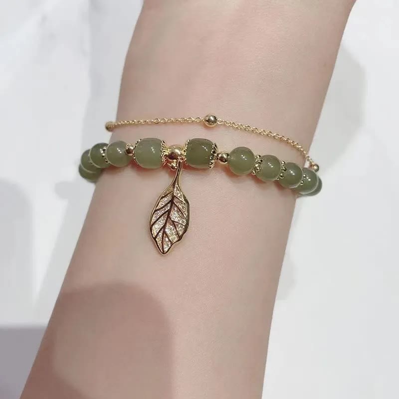 Pulsera de cuentas con piedras de Buda, hojas de jade, ginkgo, tulipán, cacahuete y carácter Fu, con la suerte