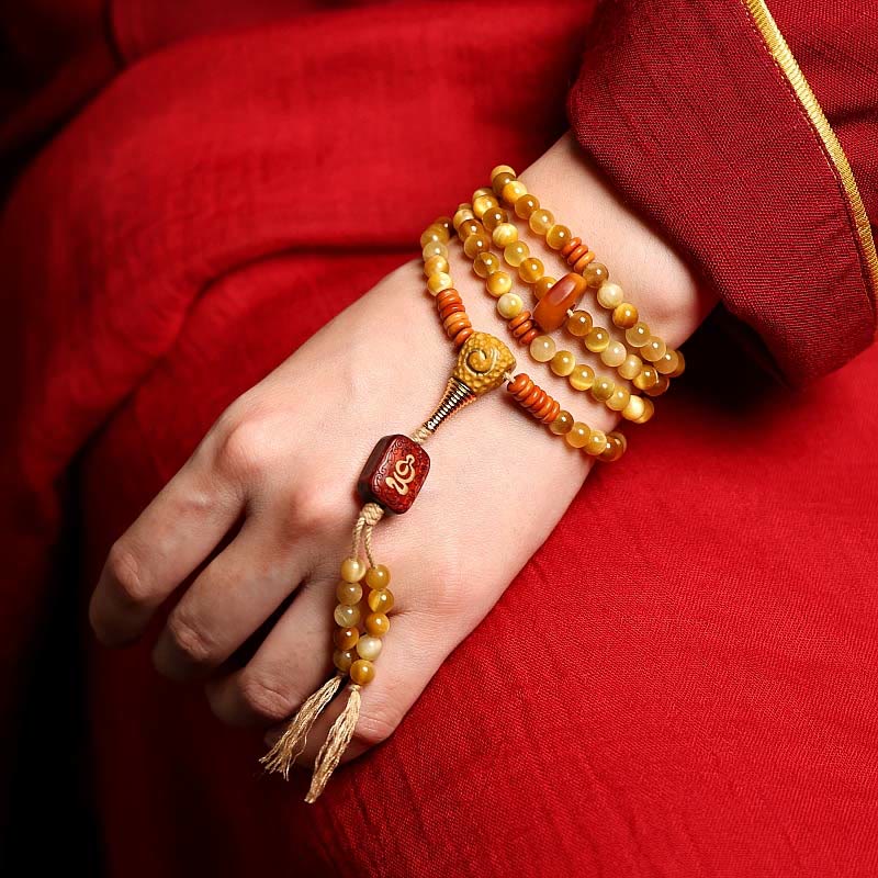 Buddha Stones 108 Mala-Perlen, natürliches Tigerauge, Kupfer, Dorje-Schutz, Quastenarmband