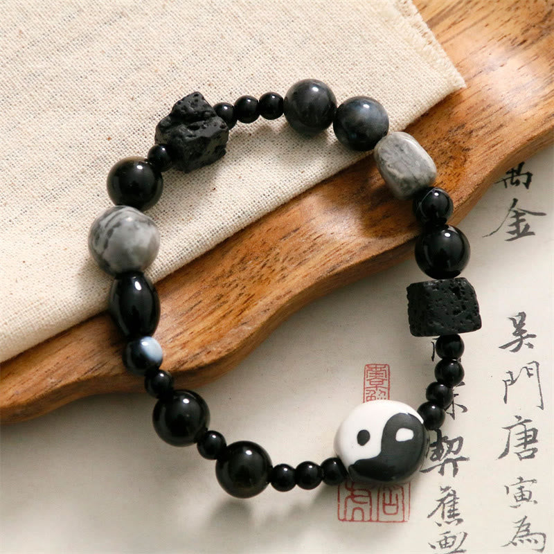 Pulsera de protección de la fortuna Yin Yang con cuentas de jaspe Picasso de ónix negro y piedras de Buda
