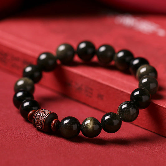 Pulsera curativa con piedras de Buda, obsidiana arcoíris con brillo dorado natural y símbolo Om Mani Padme Hum Fu