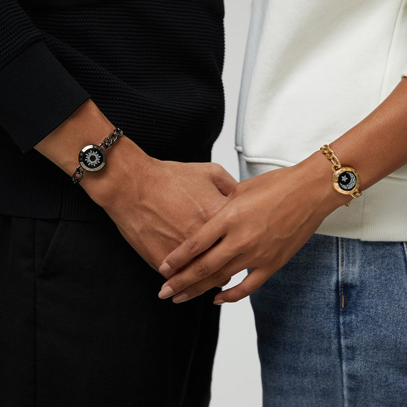 Sun&Moon Touch Bracelets with Figaro Chain(Black+Gold) - Touch Bling