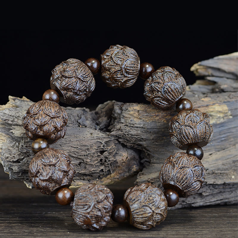 Pulsera de equilibrio con grabado de dragón de loto y dieciocho arhats de madera de ébano y piedras de Buda