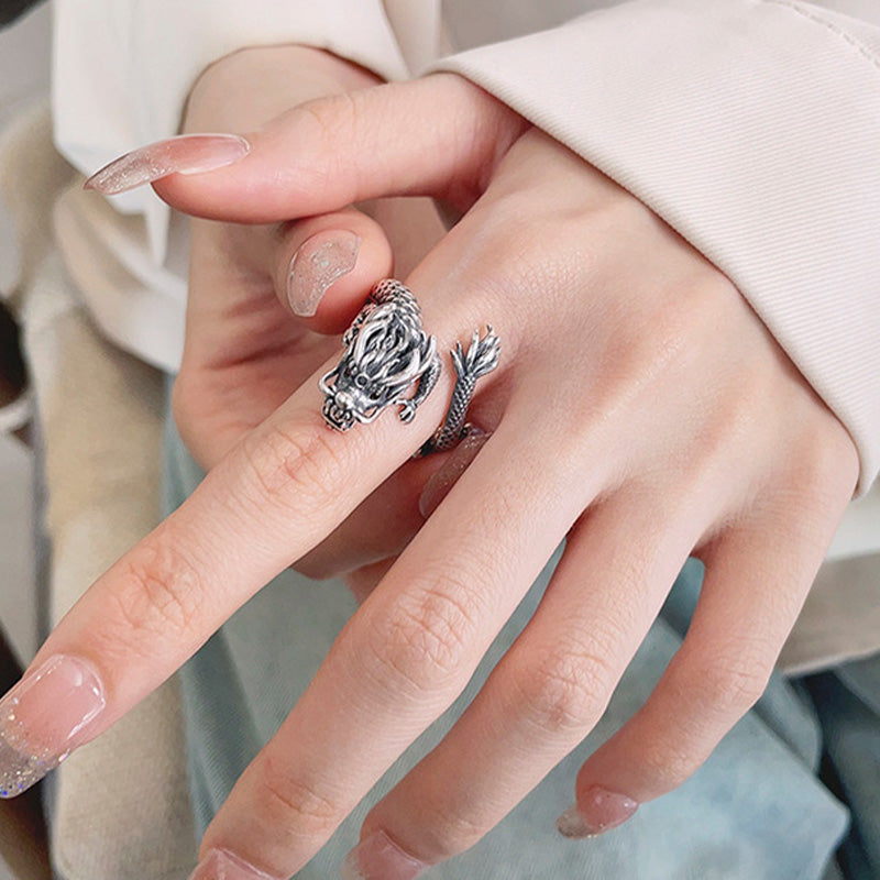 Buddha Stones Vintage 925 Sterling Silver Year Of The Dragon Design Luck Metal Ring