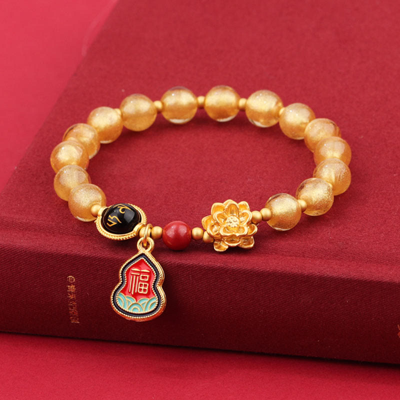 Pulsera de la suerte con cuentas de vidrio de loto y liuli con abalorios de calabaza del Tíbet con el símbolo Om Mani Padme Hum Fu de Buda