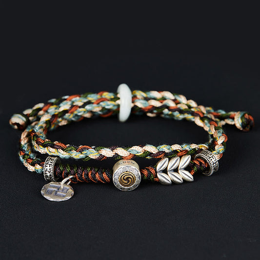 Pulsera de la suerte hecha a mano con piedras de Buda en plata de ley 925 con esvástica y diseño de trigo