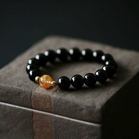 Pulsera de piedra de Buda con obsidiana negra natural, cristal blanco, ónix negro y dragón.