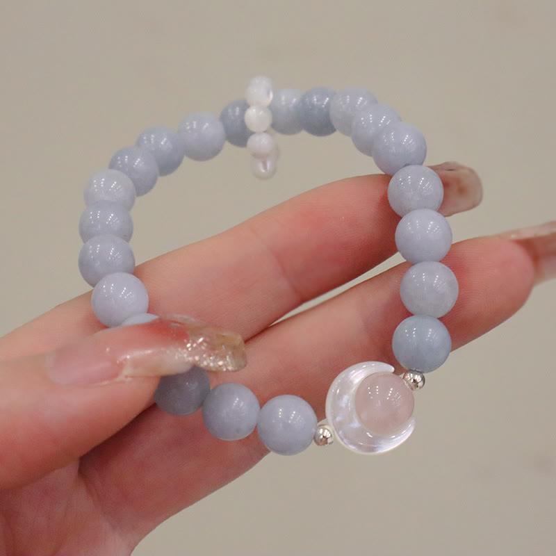 Pulsera de plata de ley 925 con amatista natural, aguamarina y cristal rosa, ojo de gato y luna creciente curativa.