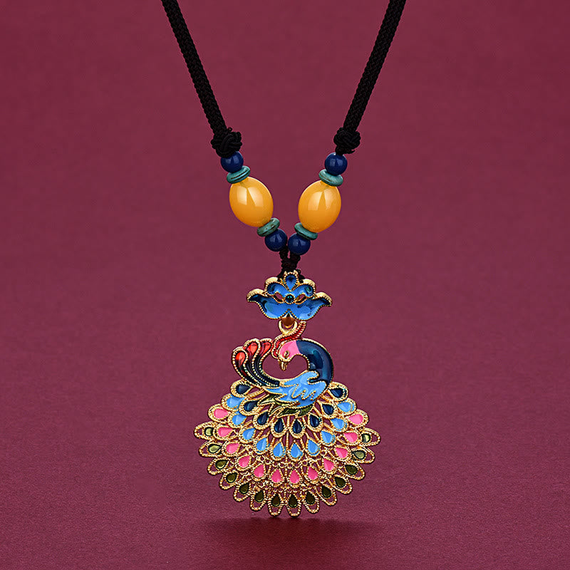 Collar con colgante de la fortuna de ágata turquesa, ámbar y pavo real de colores de Buda