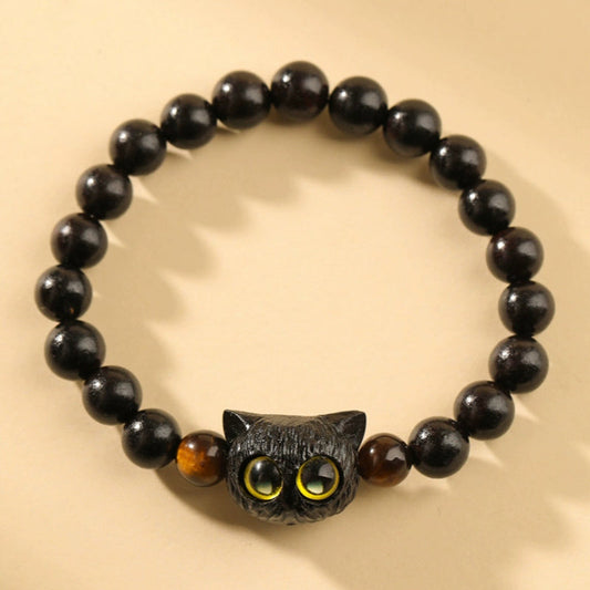 Pulsera de la paz con diseño de cabeza de gato de madera de ébano y piedras de Buda