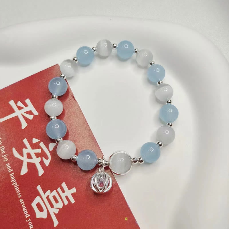 Pulsera con dije de ojo de gato y aguamarina de plata de ley 925 con piedras de Buda