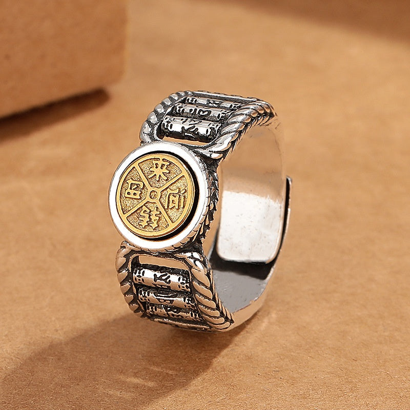 Anillo giratorio de pureza con diseño de moneda de cobre tallada con piedras de Buda tibetanas Om Mani Padme Hum