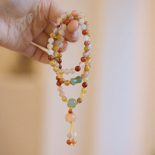 Pulsera triple vuelta con amuleto de calabaza, jade y seda dorada natural de Buda, para la riqueza y la suerte